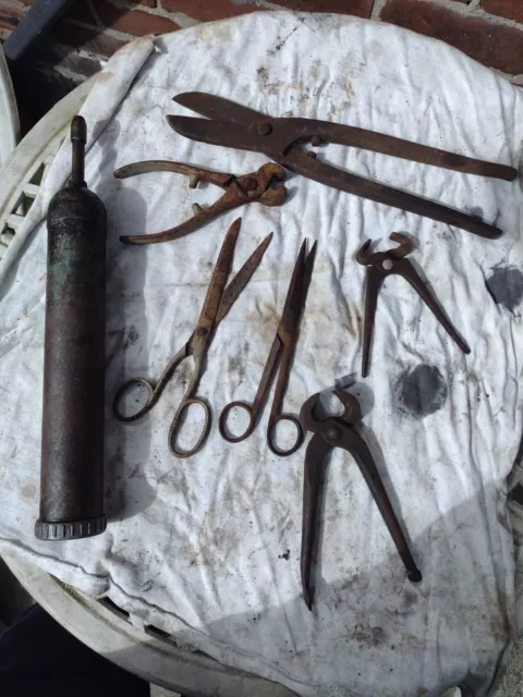 3 Pairs of Nips, 2 Pairs of Vintage Scissors, Tin Snips, Grease Gun