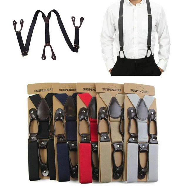MENS 6 BUTTON Hole Suspenders Wide Leather Braces 3.5cm Black Navy Grey