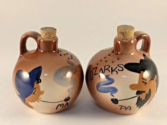 Ma Pa Ozarks Smoking Pipe Moonshine Ceramic Jugs Handles Salt Pepper Set Vintage
