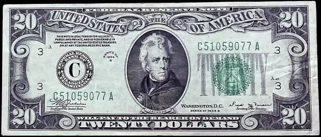 1934 B $20 Federal Reserve Note C Philadelphia Green Seal FR 2056 C XF