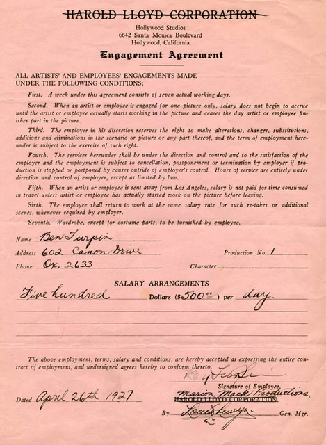 Ben Turpin - Contract Signed 04/26/1927