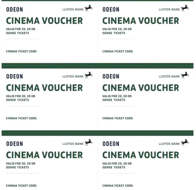 6 x Odeon Cinema Tickets Vouchers - 2D, 3D or iSense. 12 month expiry.