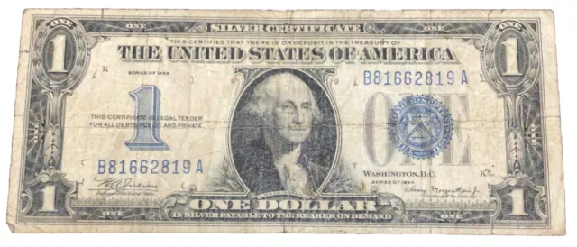1934 one dollar silver certificate Blue Seal Funny Back
