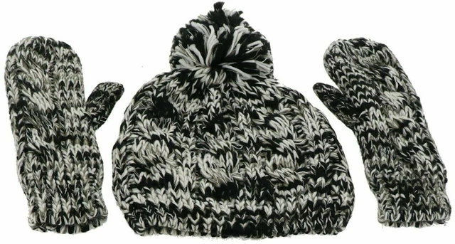 Isaac Mizrahi Set Hat Mittens Cable Knit Black White Gloves Gift Set NEW