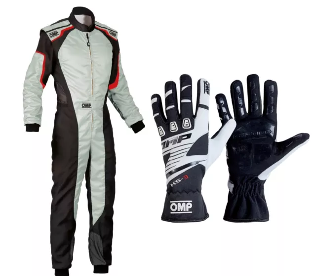 OMP Driver Set Suit and Gloves Bundle for Go Karting and Rally Racing Grey