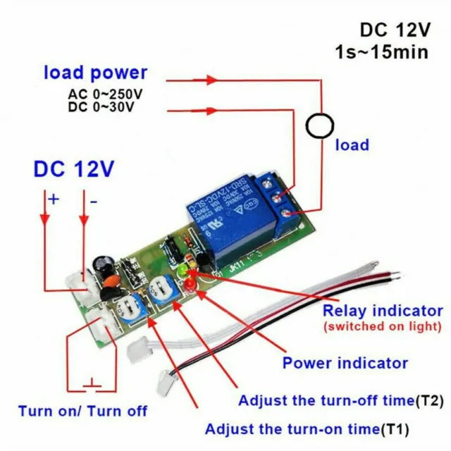 Interruttore relè timer controllato ON OFF con regolabile T1 T2 per DC12V