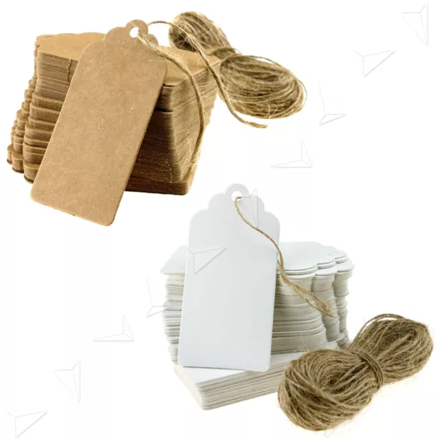 100 Kraft Paper Gift Tags Scallop Label Luggage Wedding Blank String 9x4.5cm