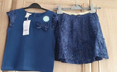 Girls Age 7-8 Pretty Monsoon Navy Lace Skirt And Top Summer Set BNWT