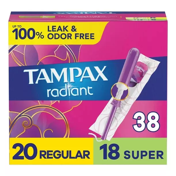 Tampax Radiant Duo Pack Tampons w LeakGuard Regular & Super Absorbency 38 Ct