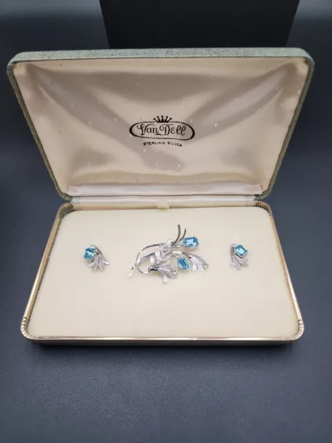 Vintage Sterling Van Dell Rhinestone Earrings & Matching Brooch In Case