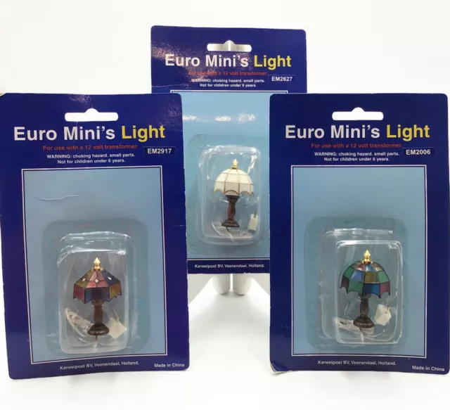 Euro Mini's Light Set of 3 Tiffany Table Lamps Color White Shade 12V Dollhouse