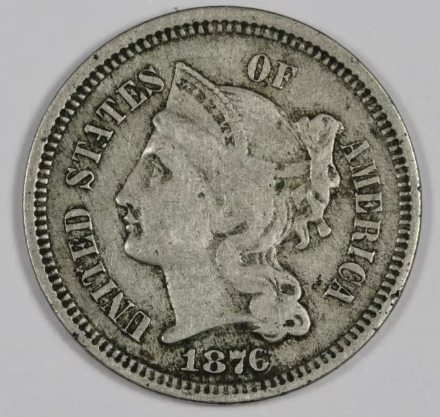 1876 Three Cent Nickel.  Errors 3 Big Die Cracks Rev.  Better Grade.  190569