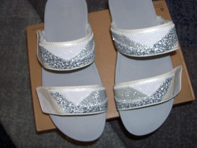 Fitflop Mina Ombre Glitter 2-Strap Slide Sandal--White/Silver/Cream-39/8.5/Vguc