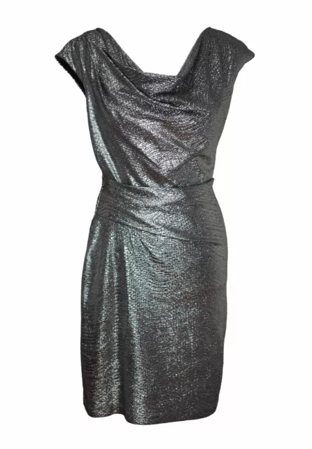 VINCE CAMUTO 2 Dress Silver Gunmetal Metallic Draped Cowl Neck Ruched Cocktail