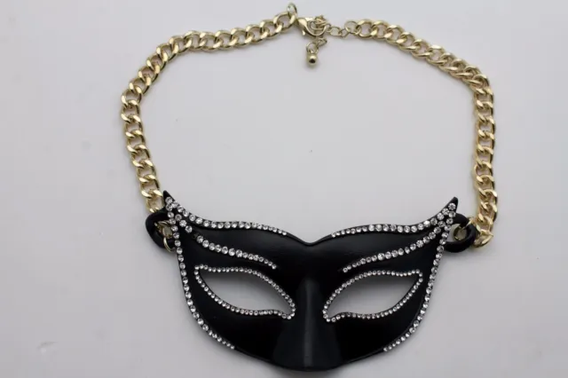 Mujeres Metal Dorado Cadena Negro Mascarada Cara Máscara Collar de Moda Grande