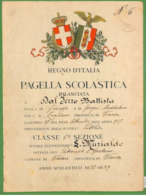 ZA1651 - PAGELLA  D'epoca - THIENE Vicenza Scuola MURIALDO  1928/29