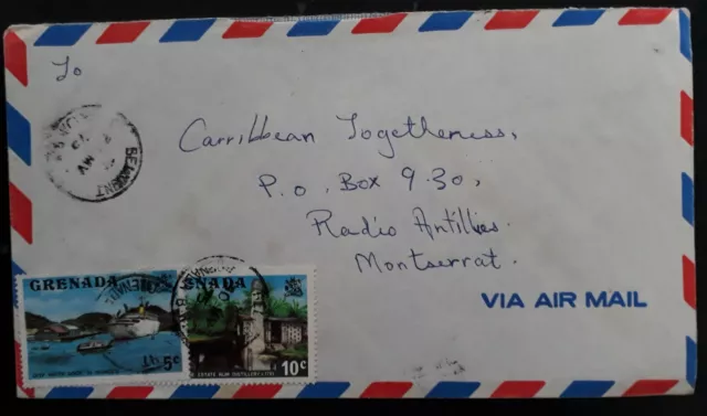 1975 Grenada Airmail Cover ties 2 stamps cancelled Belmont to Montserrat