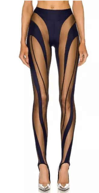 Mugler Women's Sheer Spiral Leggings Mesh Midnight Blue & Black Size 34/2 US