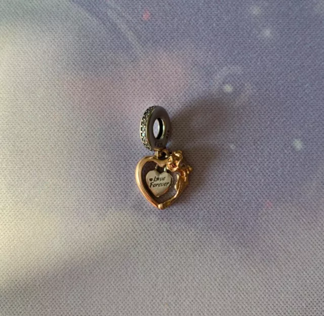 Authentic Pandora Dangle Heart and Rose Charm Silver and Rose Gold Love Forever