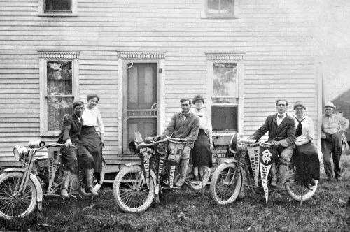 Couples On Motorcycles Akron Michigan MI Reprint Postcard