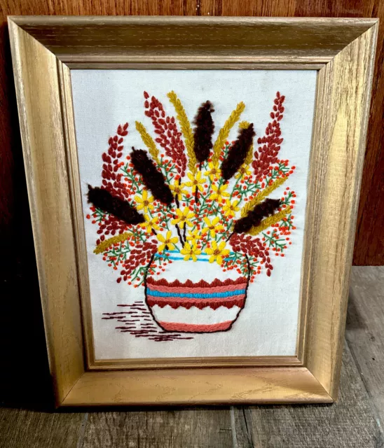 VTG Crewel Embroidery Framed Art Floral Striped Vase Daisy Flowers Wheat Catails