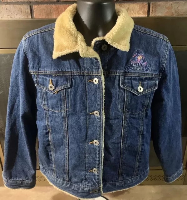 Vintage DISNEY Eeyore True Blue Denim Jean Faux Fur Jacket Coat Adult Sz Medium