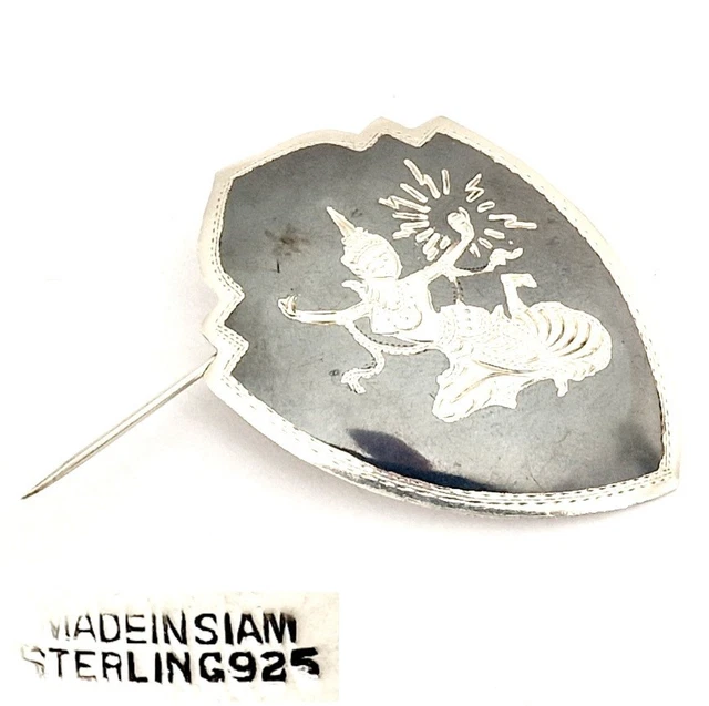 Broche Vintage Laiton Argenté Et Email - Motif Asie/Thaïlande - Occasion