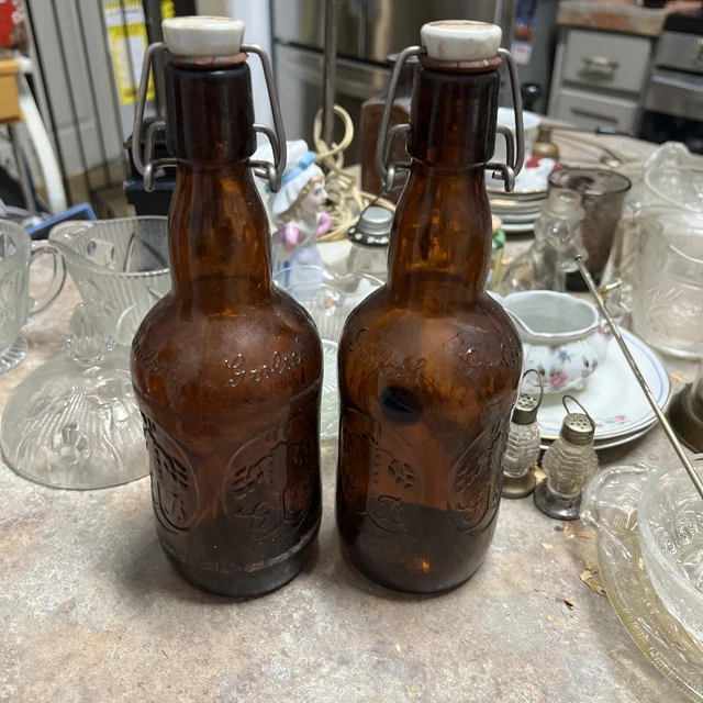 Grolsch Brown Beer Bottles, Lot Of 2, Porcelain Swing Top/vintage/ornate
