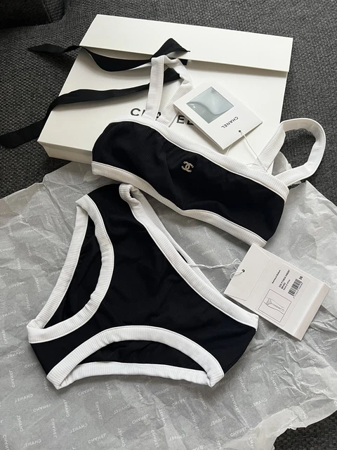 RARE CHANEL BLACK White Trim CC Logo Runway Bikini Swim Swimsuit Size 36 £2, - PicClick UK RARE CHANEL BLACK White Trim CC Logo Runway Bikini Swim Swimsuit Size 36 £2, - PicClick UK