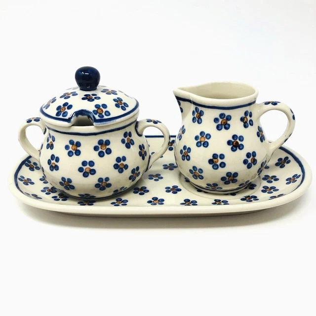 Boleslawiec Polish Pottery Sugar Creamer Set Tray Blue Floral 3 Piece