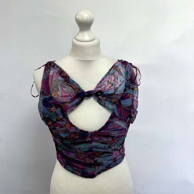 Free People Mesh Cut-Out Knot Front Top. Purple/Green Print. XS