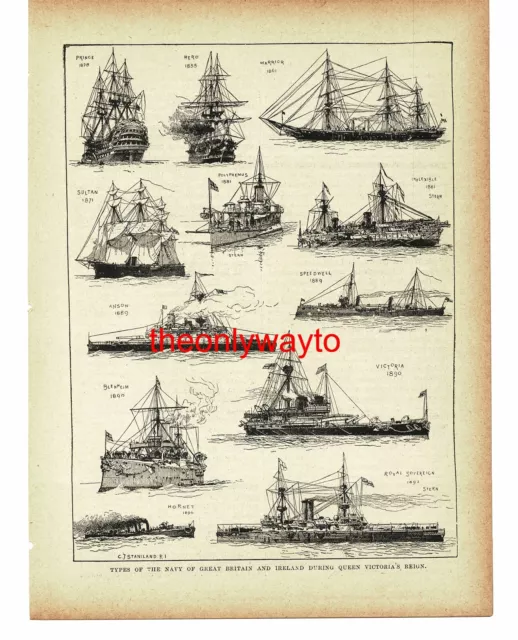 Victorian Navy, 12 Types Of Vessels, Contrast, Book Illustration (Print), c1895