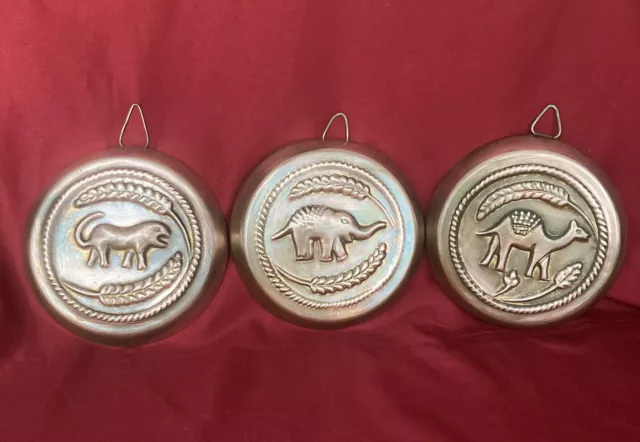 Set Of 3 VTG Brass Copper Colored Stamped Metal Animal Wall Decorations-5.5 Inch