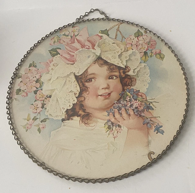 Antique Reproduction Flue Cover with Metal Chain Frame ~ Sweet Girl Lace & Bows