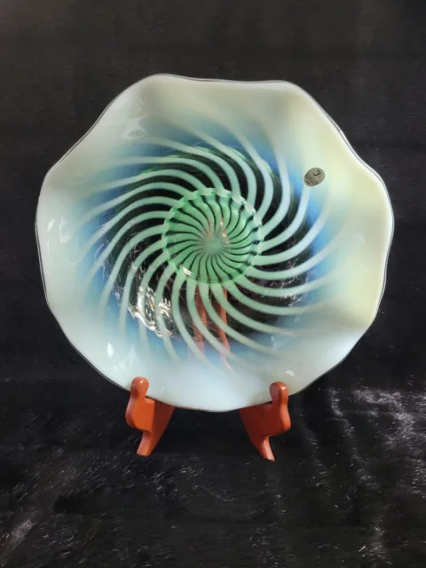 Fenton Green Opalescent Spiral Optic Swirl Art Glass Bowl Large 10"