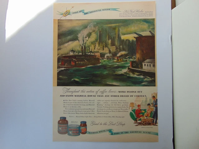 1947 MAXWELL HOUSE COFFEE NEW YORK HARBOR Warren painting  vintage art print ad
