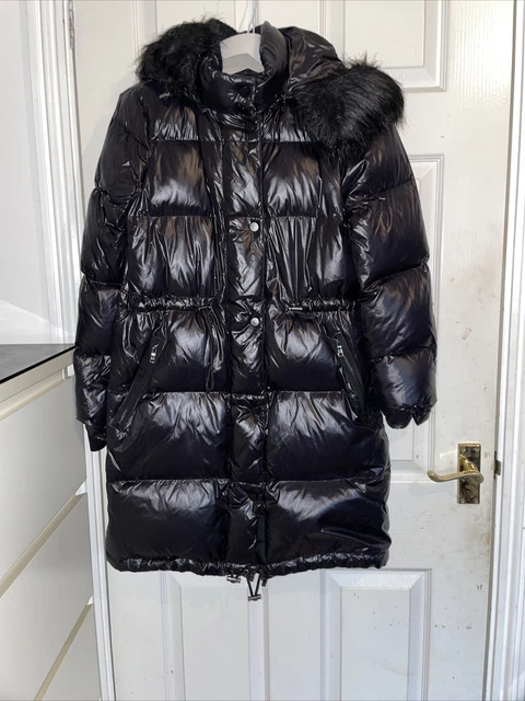 Zara black shiny coat with fur hood top