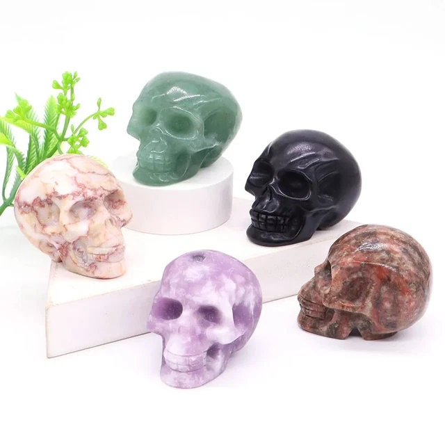 2" Skull Head Statue Natural Gemstone Healing Crystal Stone Carving Reiki Crafts
