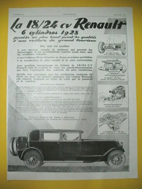 Publicite De Presse Renault Automobile 18/24 Cv 6 Cylindres Grand Tourisme 1928