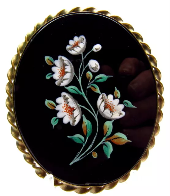 Vintage Art Deco Glass Brooch Pin Painted Floral Beautiful