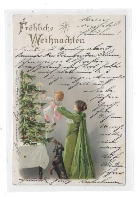 alte AK ca. 1901, Weihnachten, Weihnachtsbaum, Frau, Kind, Hund