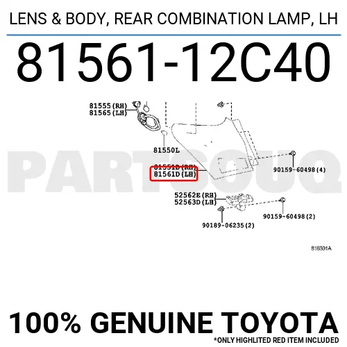 8156112C40 Genuine Toyota LENS &amp; BODY, REAR COMBINATION LAMP, LH OEM