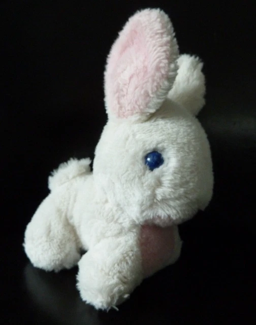 S8. DOUDOU PELUCHE BOULGOM LAPIN BLANC ROSE HOCHET POUET yeux bleu 19x14cm - TBE