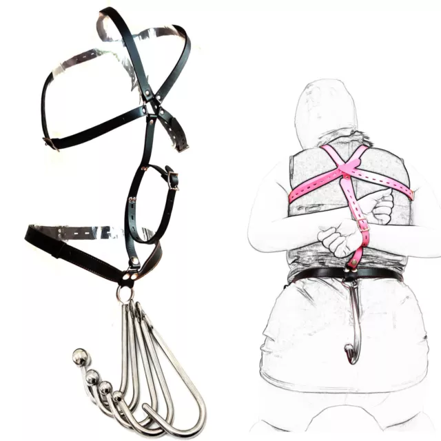 Adjustable PU Leather Handcuffs Chastity Belt With Stainless Steel Anal Hook