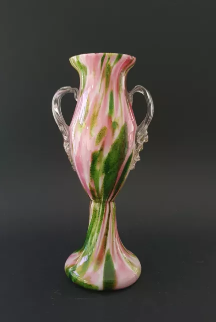 Deco Bohemian Welz Pink Green Gold Aventurine Spatter Spangle Glass Trophy Vase