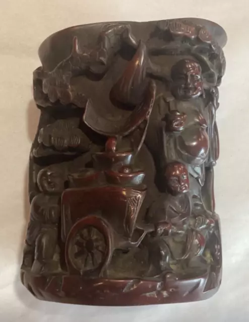 Vintage or Antique Chinese Relief Carved Libation Cup with Figures & Rickshaw