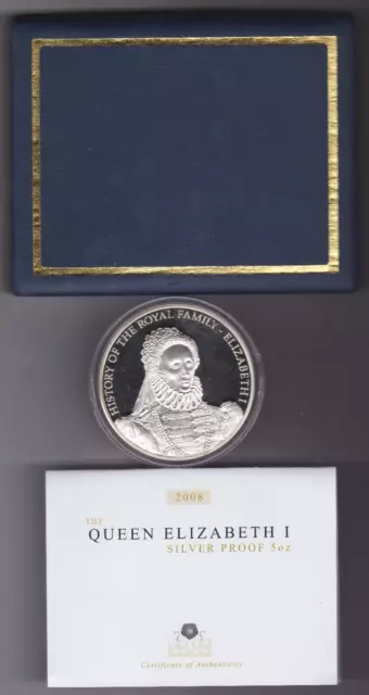 Boxed 2008 Cook Islands Silver Proof Five Ounce Coin & Certificate - Elizabeth I