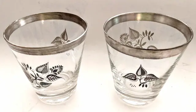 Vintage Two Georges Briard Sterling Silver Banded Leaf Old Fashioned Glasses