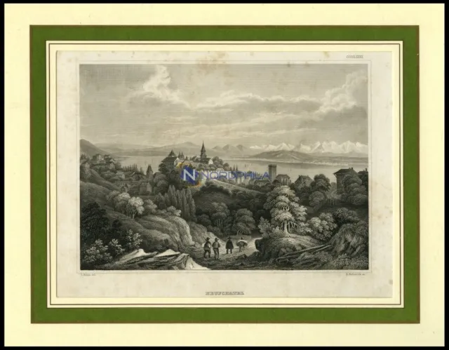NEUCHATEL, Gesamtansicht, Stahlstich von B.I. um 1840