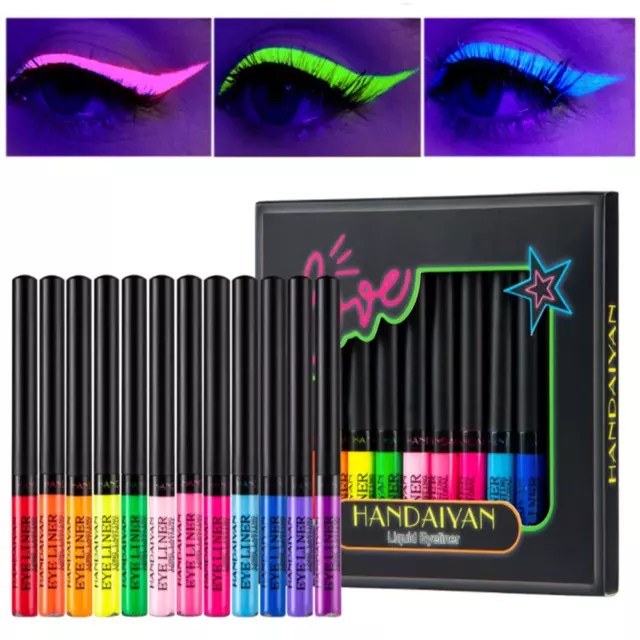 Neon Liquid Eyeliner Set, 12 Farben UV Glow Matte Eyeliner, Wasserfest Und Wisch